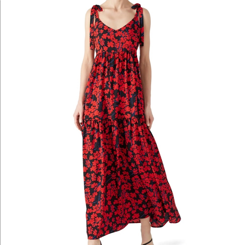 CAARA Red Black Steffi Floral Tie-Strap Empire Waist Maxi Dress Size S